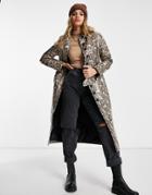 Missguided Button Front Trench In Snake Print-multi