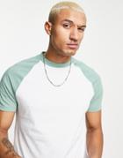 Asos Design Raglan T-shirt In White With Contrast Sleeves In Green-multi