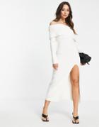 Pretty Lavish Off Shoulder Asymmetric Knit Dress With Split In Cream-white