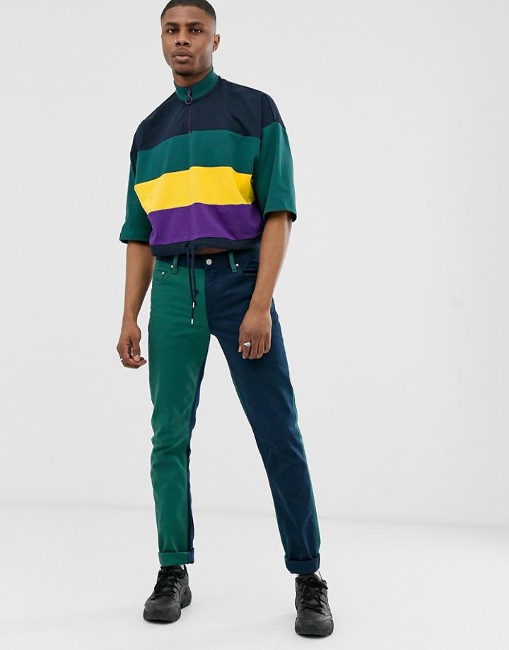 Asos Design Cropped Oversized T-shirt With Drawstring Hem And Half Zip With Color Block - Navy