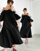 Asos Edition Cotton Midi Dress With Ruffle Cold Shoulder In Black