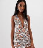Asos Design Tall Slinky Jersey Plunge Beach Romper In Linear Graphic Print - Multi