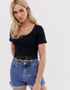 Asos Design Fitted Top In Rib With Lace - Black