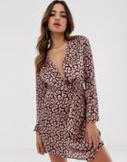 Club L Long Sleeve Twist Front Animal Print Dress-beige