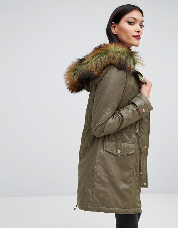 Lipsy Faux Fur Hood Trim Parka - Green