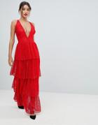 Missguided Tiered Lace Maxi Dress - Red
