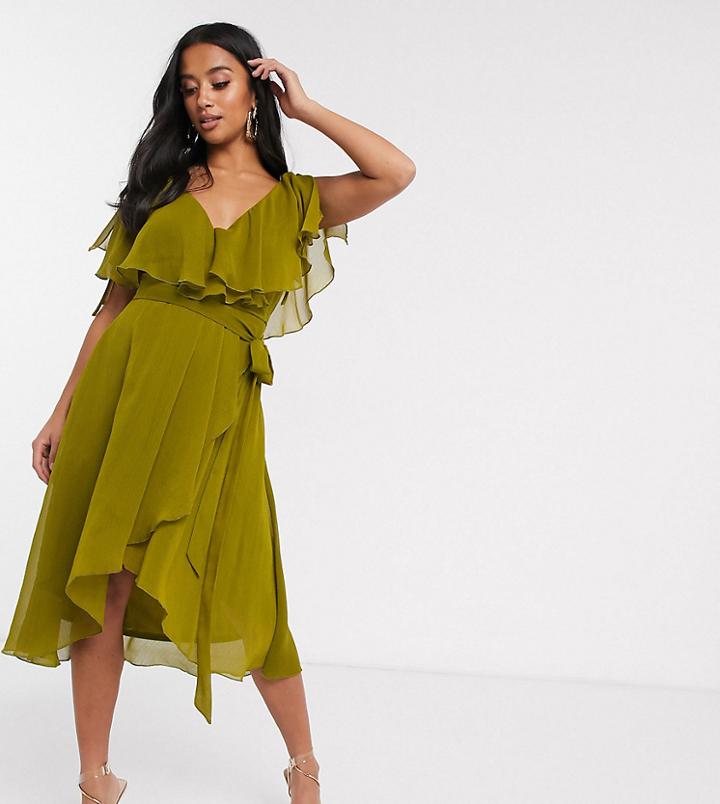 Asos Design Petite Midi Split Sleeve Cape Back Dress With Tie Shoulder-green