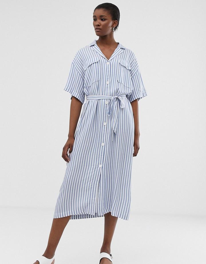 Weekday Tie Waist Midi Dress In Light Blue And White Stripes