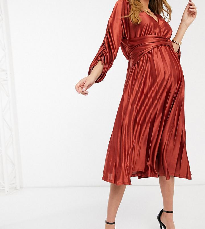 Asos Design Maternity Ruched Sleeve Satin Pleated Midi Dress In Mocha-multi