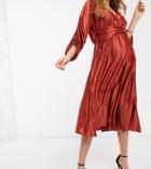 Asos Design Maternity Ruched Sleeve Satin Pleated Midi Dress In Mocha-multi
