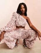 Asos Luxe 3d Lace One Shoulder Crop Top In Mink - Part Of A Set-pink