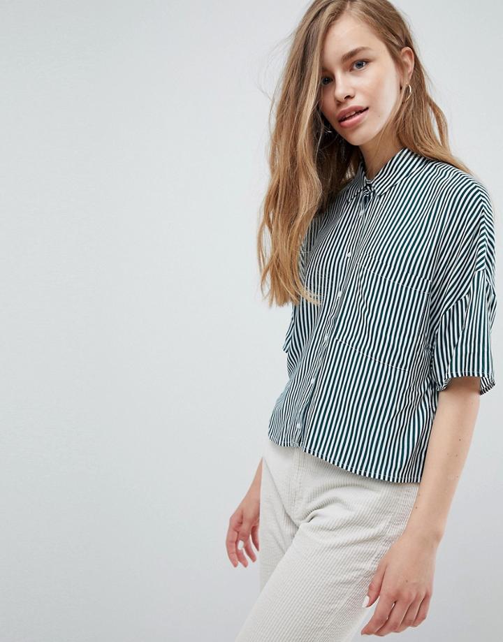 Pull & Bear Striped Short Sleeve Blouse In Green - Green