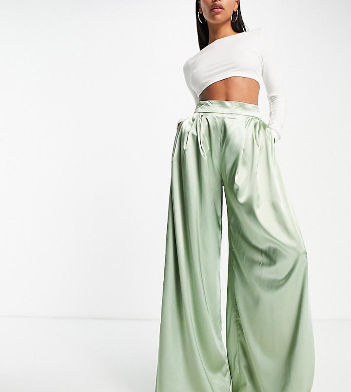 Asyou Satin Wide Leg Pants In Mint-green