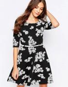 Yumi Floral Skater Dress With Waist Belt - Black