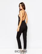Naanaa Lace Plunge Front Jumpsuit With Open Back - Black