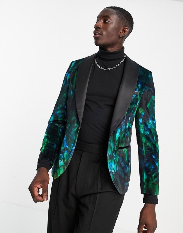 Twisted Tailor Suit Jacket With Tropical Feather Print In Green
