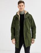 Asos Design Parka Jacket In Khaki With Detachable Faux Fur Liner-green