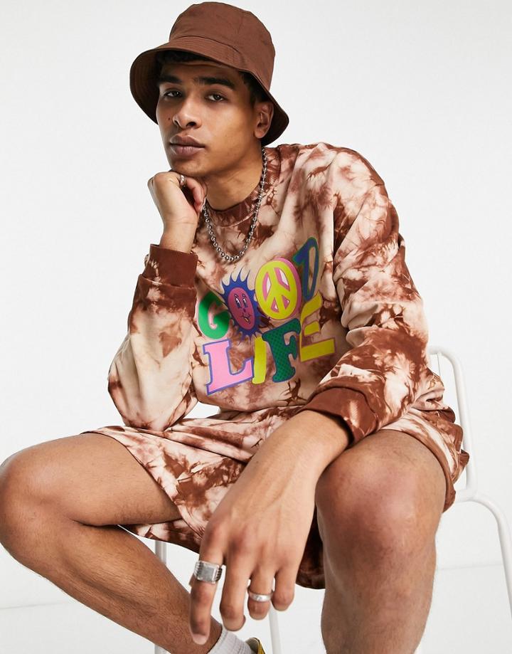Asos Design Oversized Sweatshirt In Brown Tie Dye With Positive Text Print - Part Of A Set