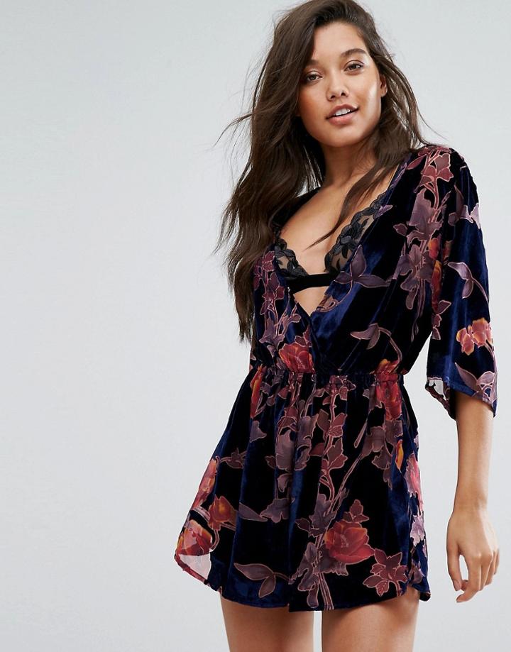 Wolf & Whistle Velvet Kimono Romper - Multi