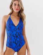 Luxe Palm Snake Print Plunge Swimsuit-blue