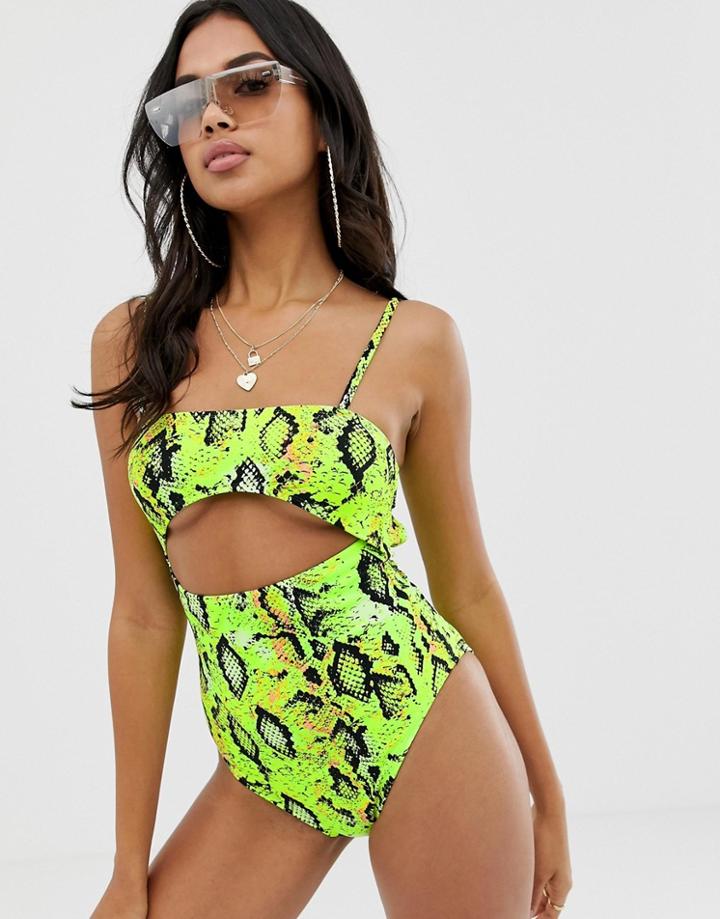 Asos Design Strappy Underboob Cut Out Swimsuit In Neon Snake Print - Green