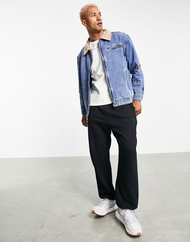 Mennace Worker Denim Jacket Set In With Contrast Suede Collar And Butterfly Embroidery-blues