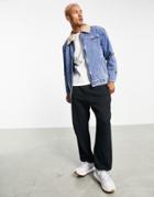 Mennace Worker Denim Jacket Set In With Contrast Suede Collar And Butterfly Embroidery-blues