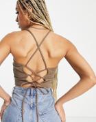 Asos Design Linen Square Neck Sun Top With Lace Up Back In Washed Brown