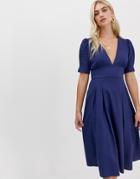 Moon River Tie Plunge Front Midi Dress - Navy