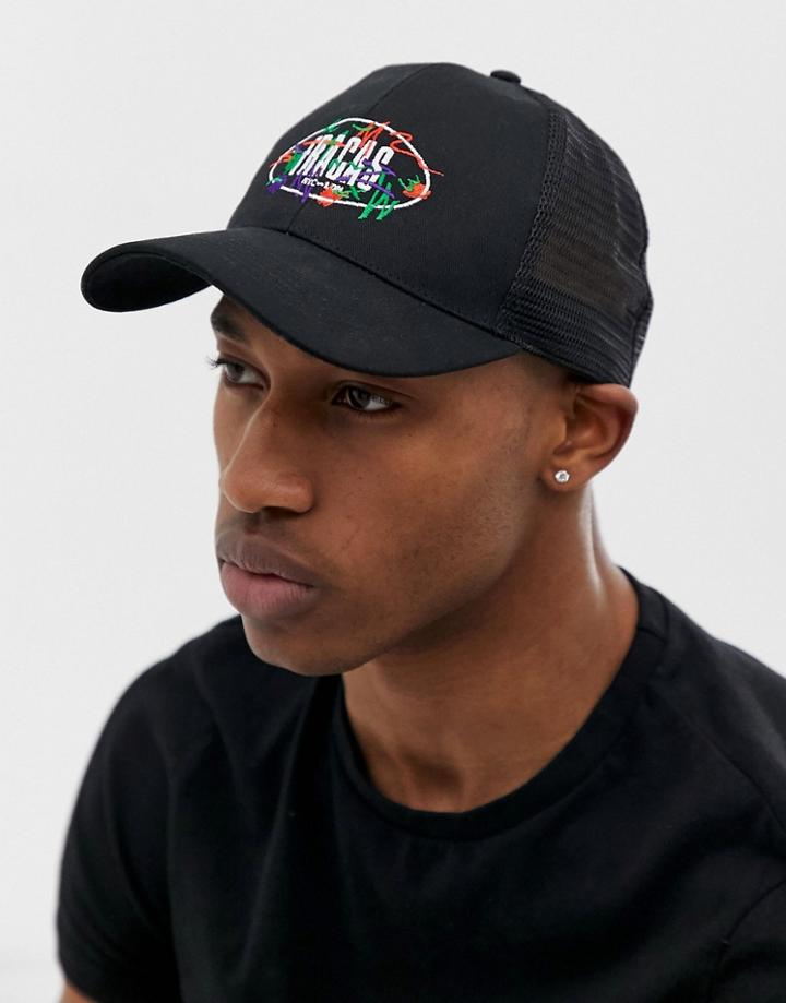 Asos Design Trucker Cap In Black With 'fracas' Embroidery - Black