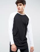 Asos Super Longline Long Sleeve T-shirt With Contrast Raglan And Curved Hem - Black