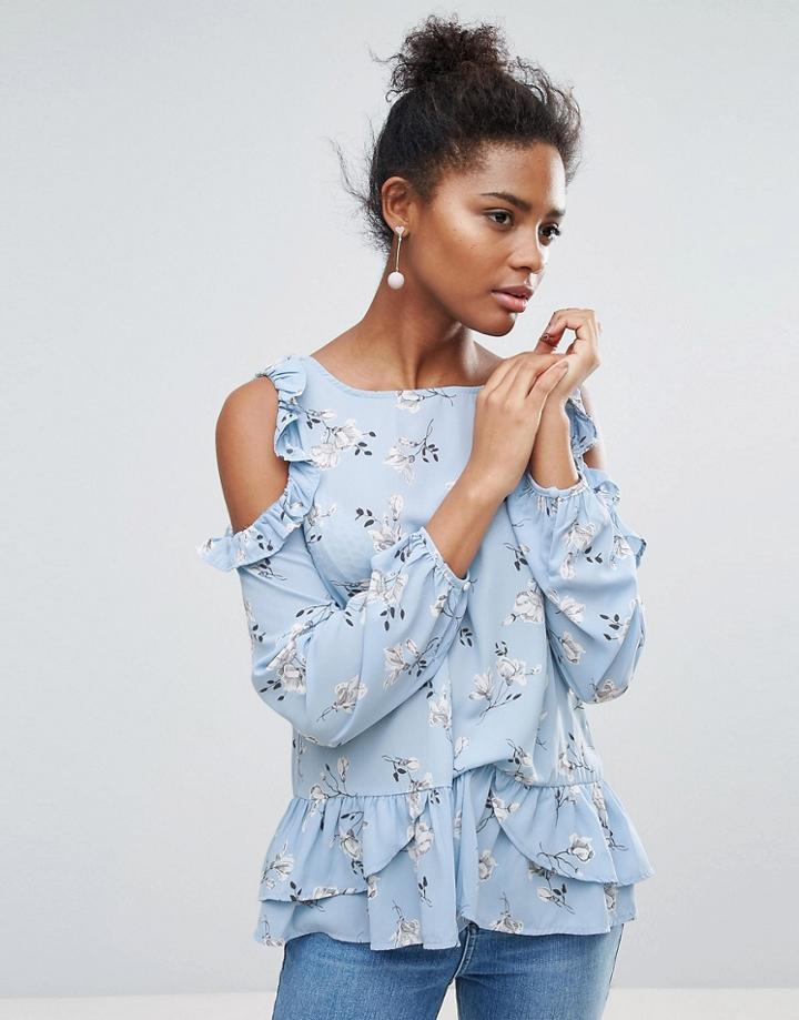 Crescent Ruffled Cold Shoulder Peasant Blouse - Blue