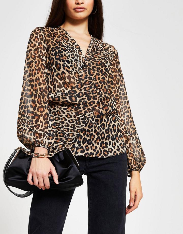 River Island Drape Front Leopard Print Blouse In Brown