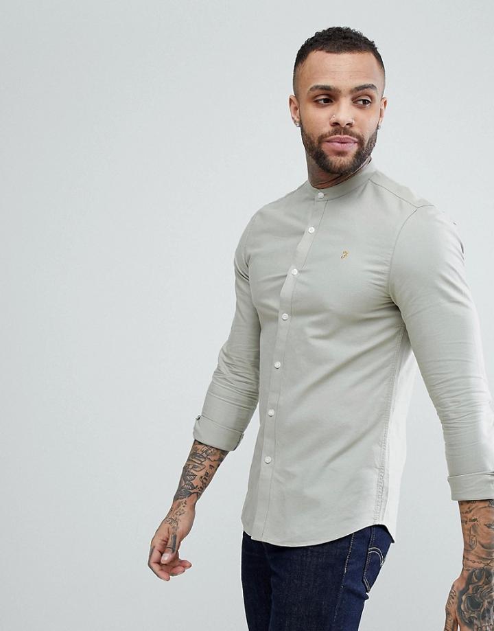 Farah Brewer Slim Fit Grandad Collar Oxford Shirt In Green - Green