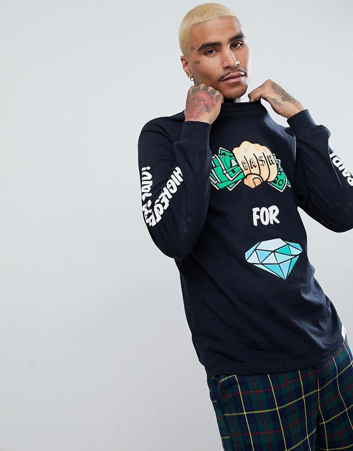 Diamond Supply Cash Long Sleeve T-shirt With Sleeve Print In Black - Black