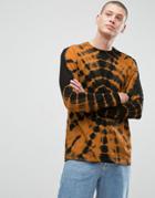 Asos Longline Long Sleeve T-shirt With Spiral Tie Dye In Rust - Orange