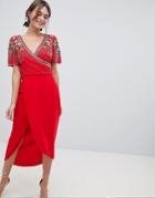 Virgos Lounge Julisa Embellished Wrap Midi Dress - Red