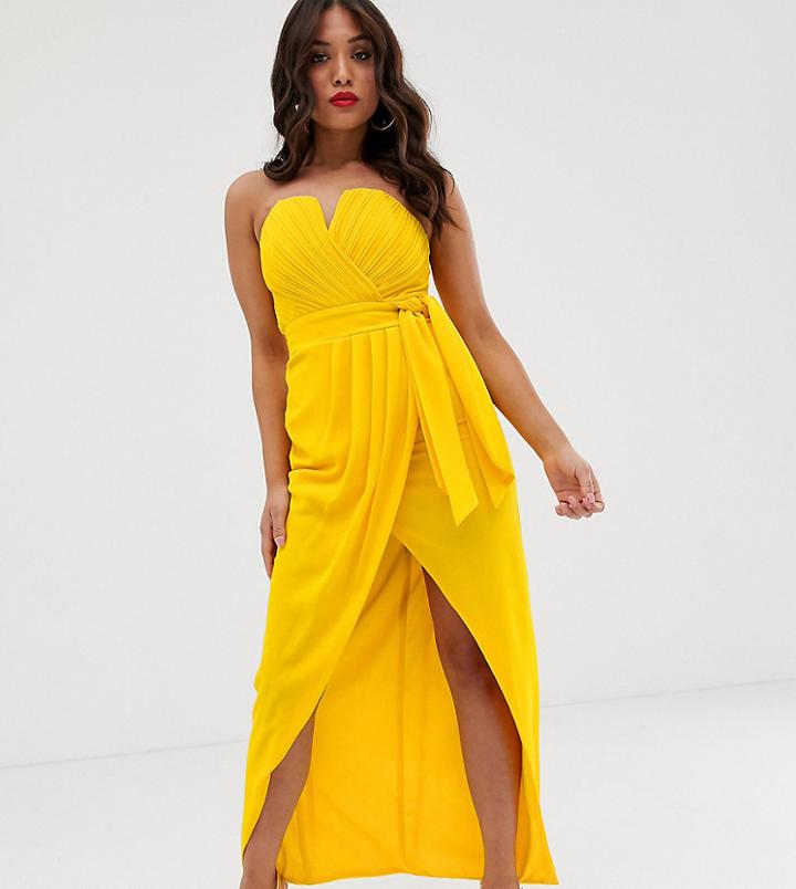 Tfnc Petite Bandeau Wrap Midaxi Dress With Pleated Detail In Yellow