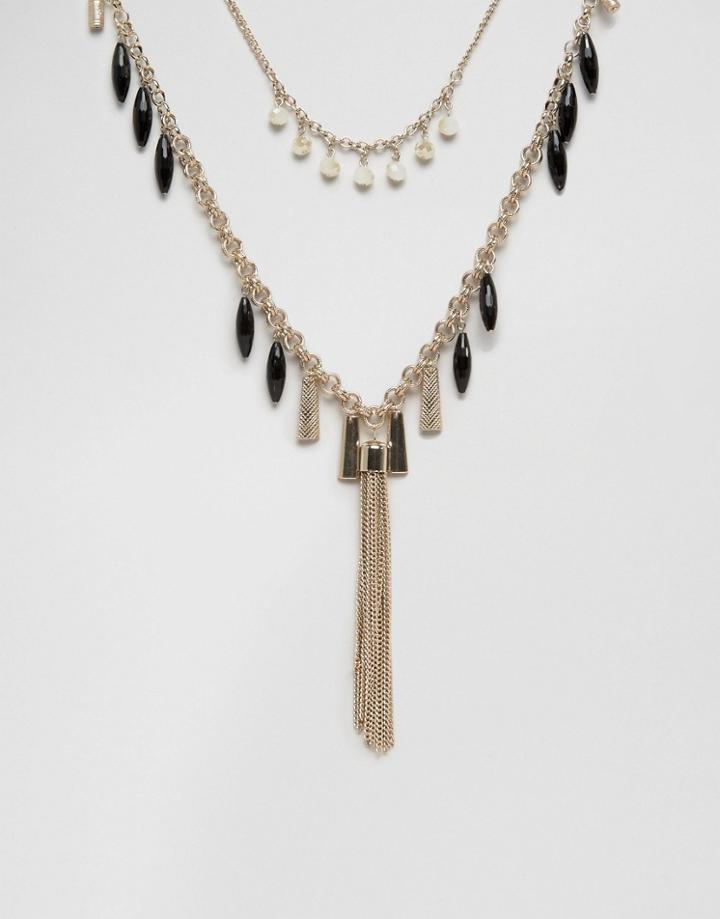 Oasis Ribbon And Tassle Drop Necklace - Black