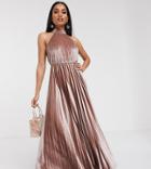 Asos Design Petite Velvet Halter Waisted Pleated Maxi Dress-beige