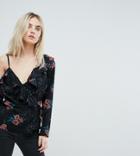 Fashion Union Petite Long Sleeve Top With Cami Cold Shoulder In Vintage Floral - Black