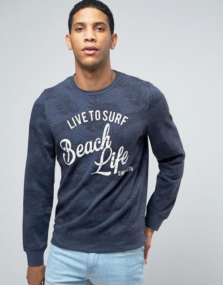 Threadbare Palm Print Crew Neck Sweat - Navy