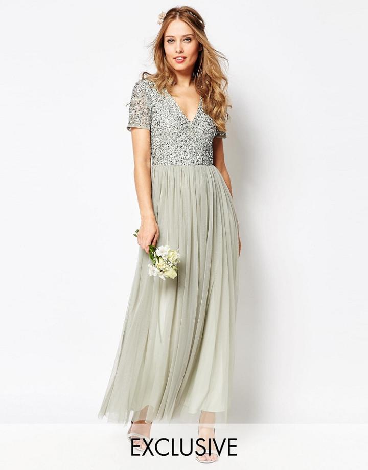 Maya V Neck Maxi Tulle Dress With Tonal Delicate Sequins - Green