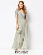 Maya V Neck Maxi Tulle Dress With Tonal Delicate Sequins - Green