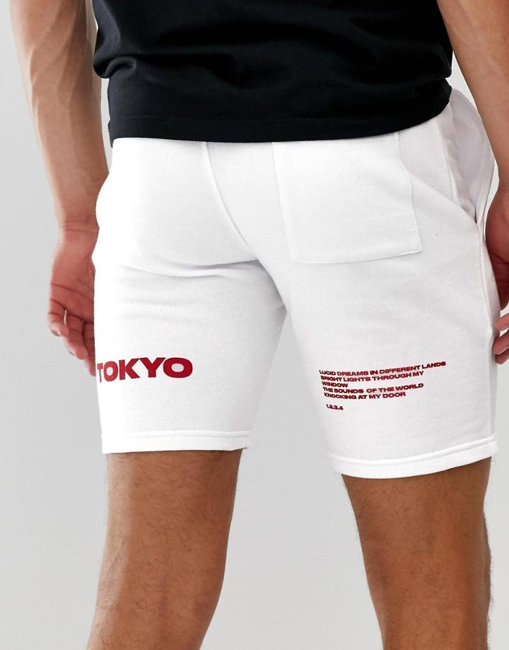 Asos Design Jersey Skinny Shorts With City Print On Back Legs - White