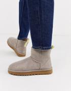 Ugg Mini Classic Boot With Neon Logo Taping In Oyster And Yellow