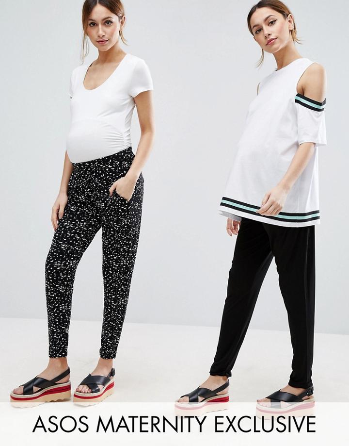 Asos Maternity 2 Pack Jersey Peg Pants In Plain Black And Blurred Polka Dot - Black