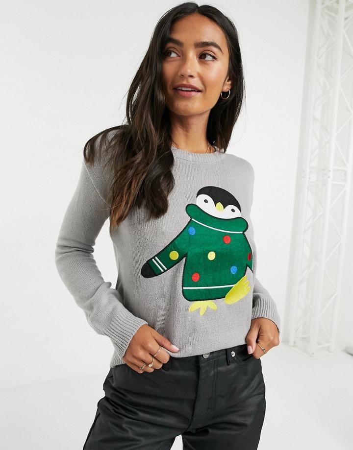 Brave Soul Penguin Christmas Sweater-gray