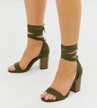 Asos Design Wide Fit Howling Tie Leg Heeled Sandals In Khaki-green