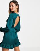 Flounce London Long Sleeve Backless Satin Mini Dress In Emerald Green